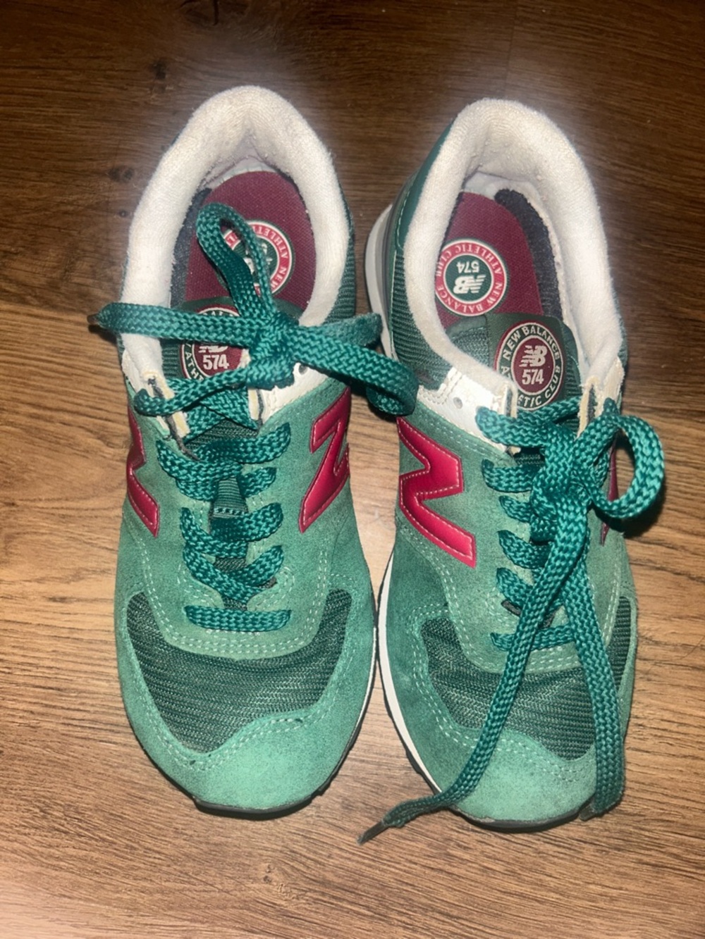 New Balance Green and Red 574 Athletic Sneakers